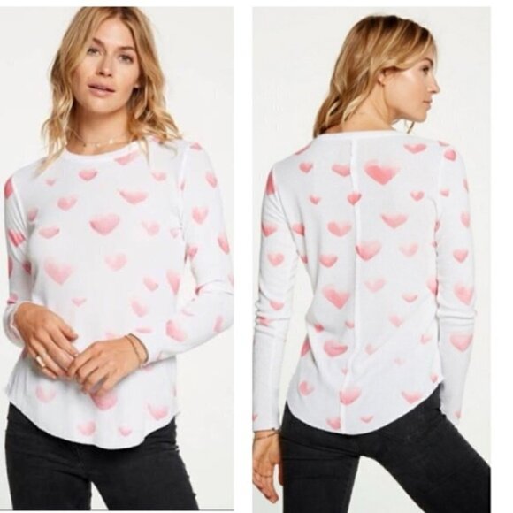 New Chaser Hearts Thermal Waffle Knit Ribbed Long Sleeve Pullover Shirt NWT - Picture 1 of 11